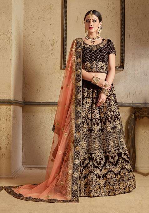 Maroon Poly Blend Lehenga Set with Embroidered for Diwali | Wedding & Festive Wear