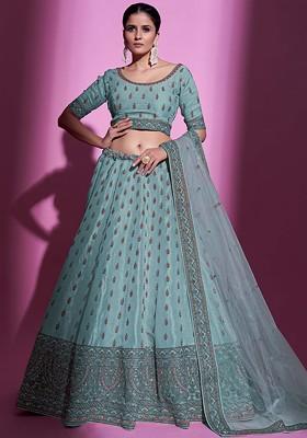 Blue Embellished Poly Blend Lehenga Set