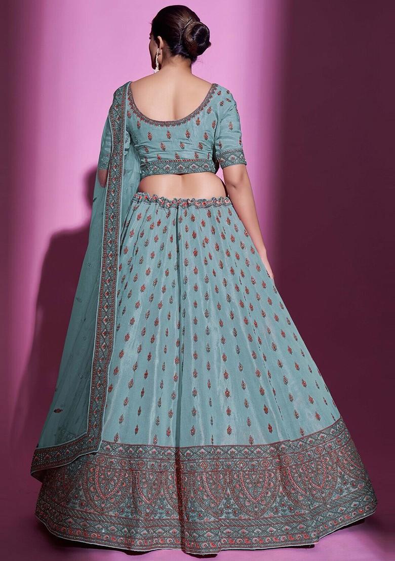 Blue Embellished Poly Blend Lehenga Set