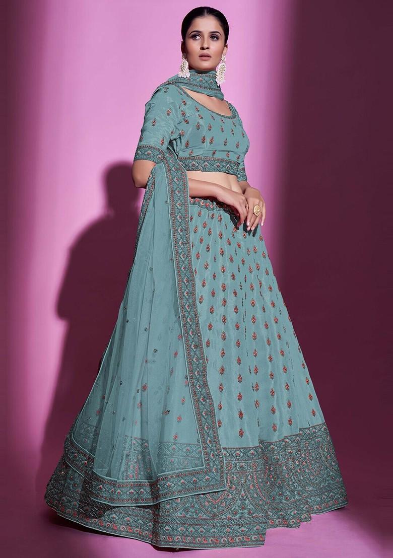 Blue Embellished Poly Blend Lehenga Set