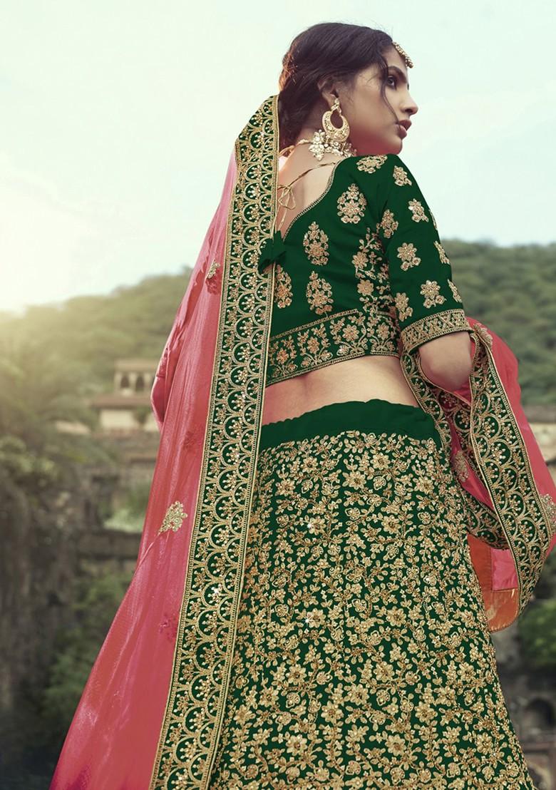 Green Embroidered Poly Blend Lehenga Set