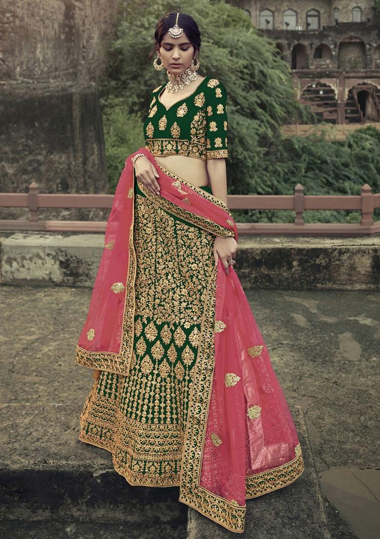 Green Embroidered Poly Blend Lehenga Set