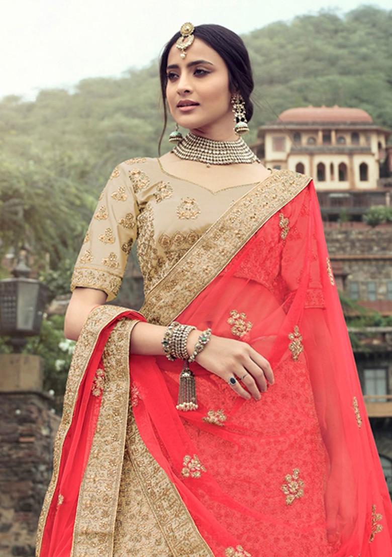 Beige Embroidered Poly Blend Lehenga Set