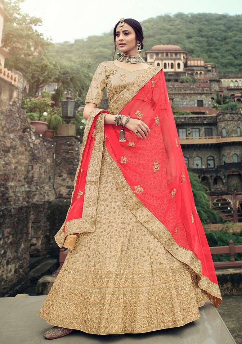 Beige Embroidered Poly Blend Lehenga Set - Indya