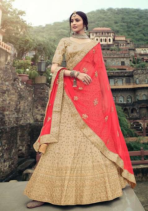 Beige Embroidered Poly Blend Lehenga Set