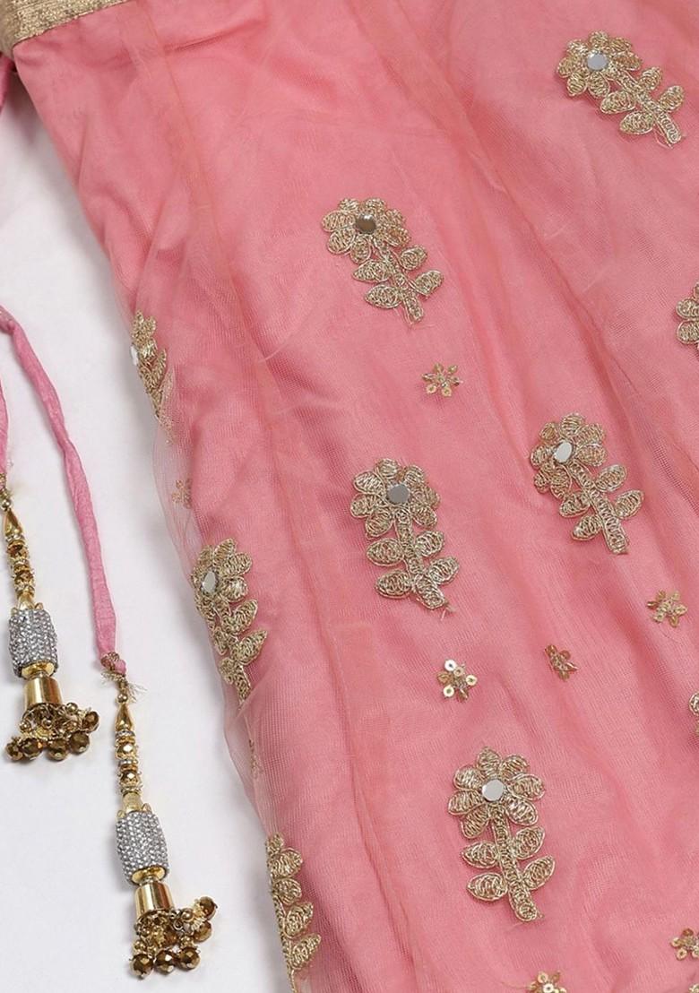 Pink Embellished Poly Blend Lehenga Set