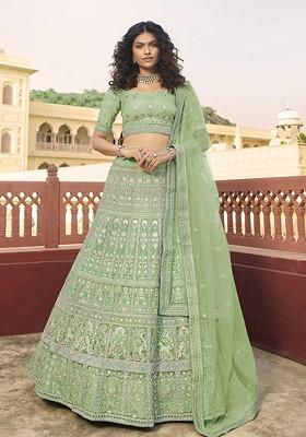 Green Embroidered Poly Blend Lehenga Set