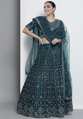 Teal Green Embroidered Poly Blend Lehenga Set