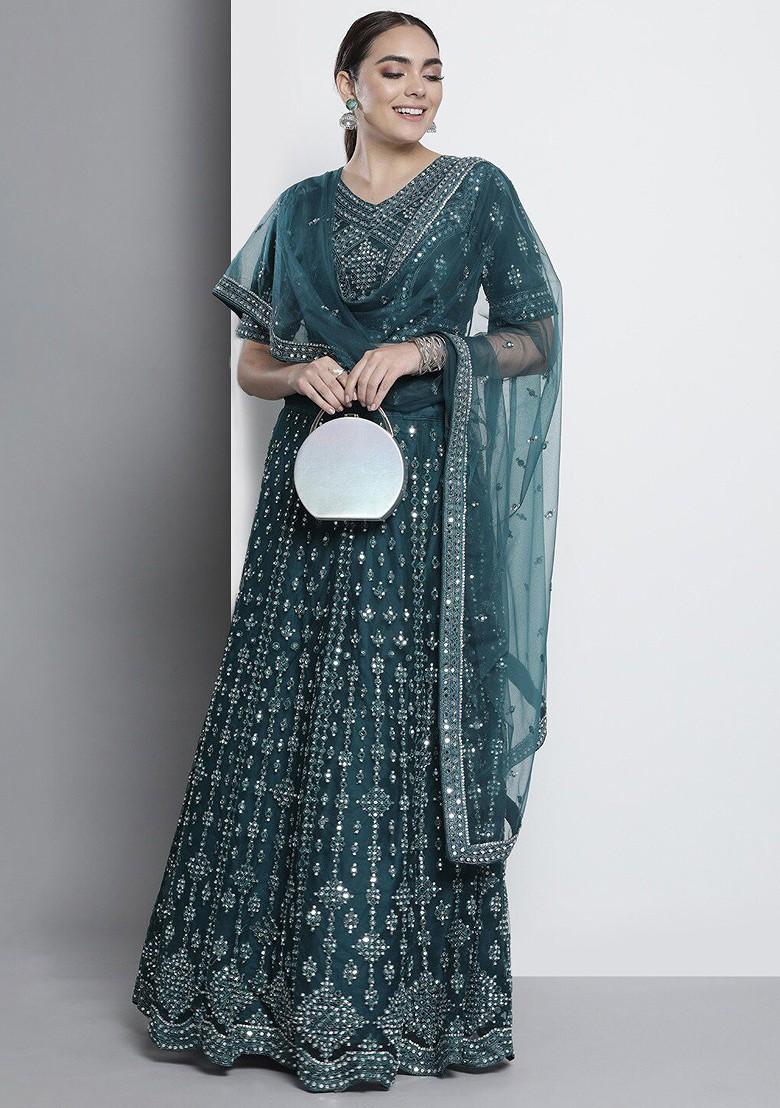 Teal Green Embroidered Poly Blend Lehenga Set