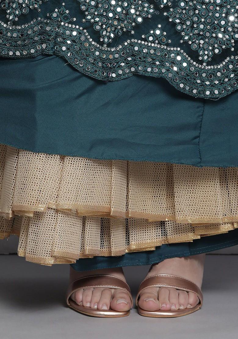 Teal Green Embroidered Poly Blend Lehenga Set