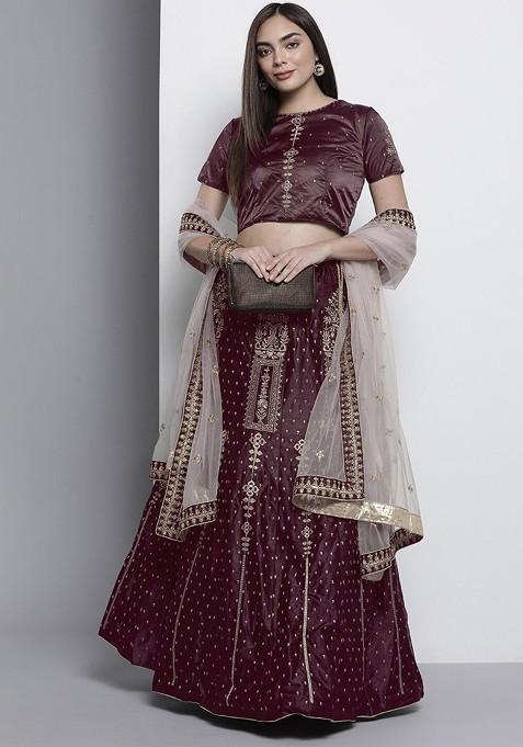 Brown Embroidered Poly Blend Lehenga Set