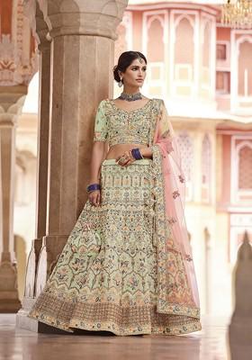 Green Embroidered Poly Blend Lehenga Set