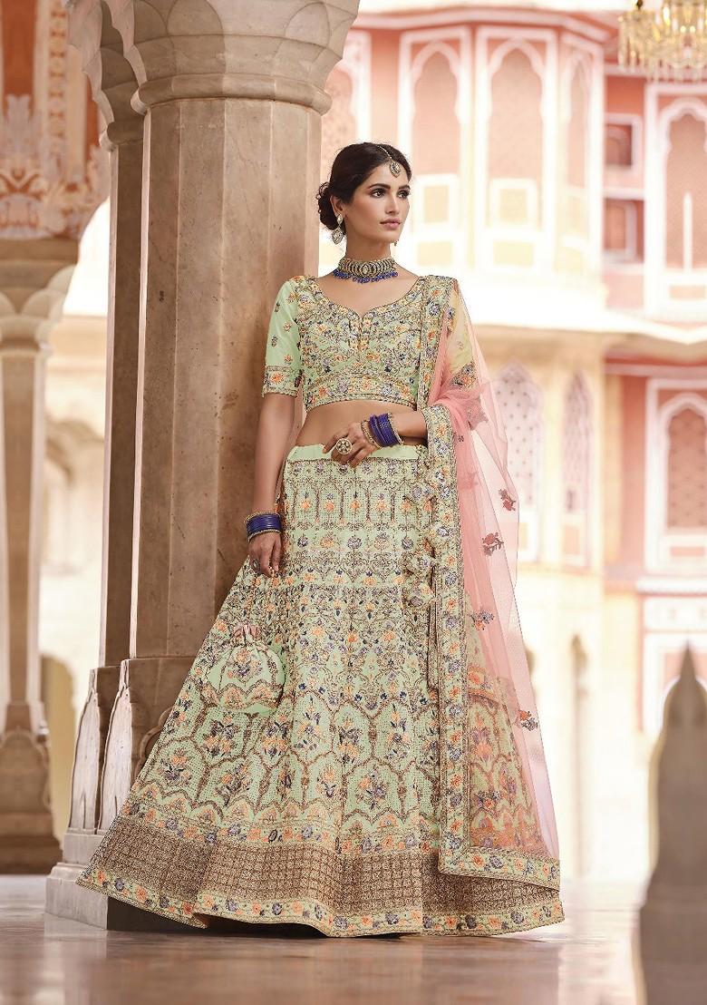 Green Embroidered Poly Blend Lehenga Set