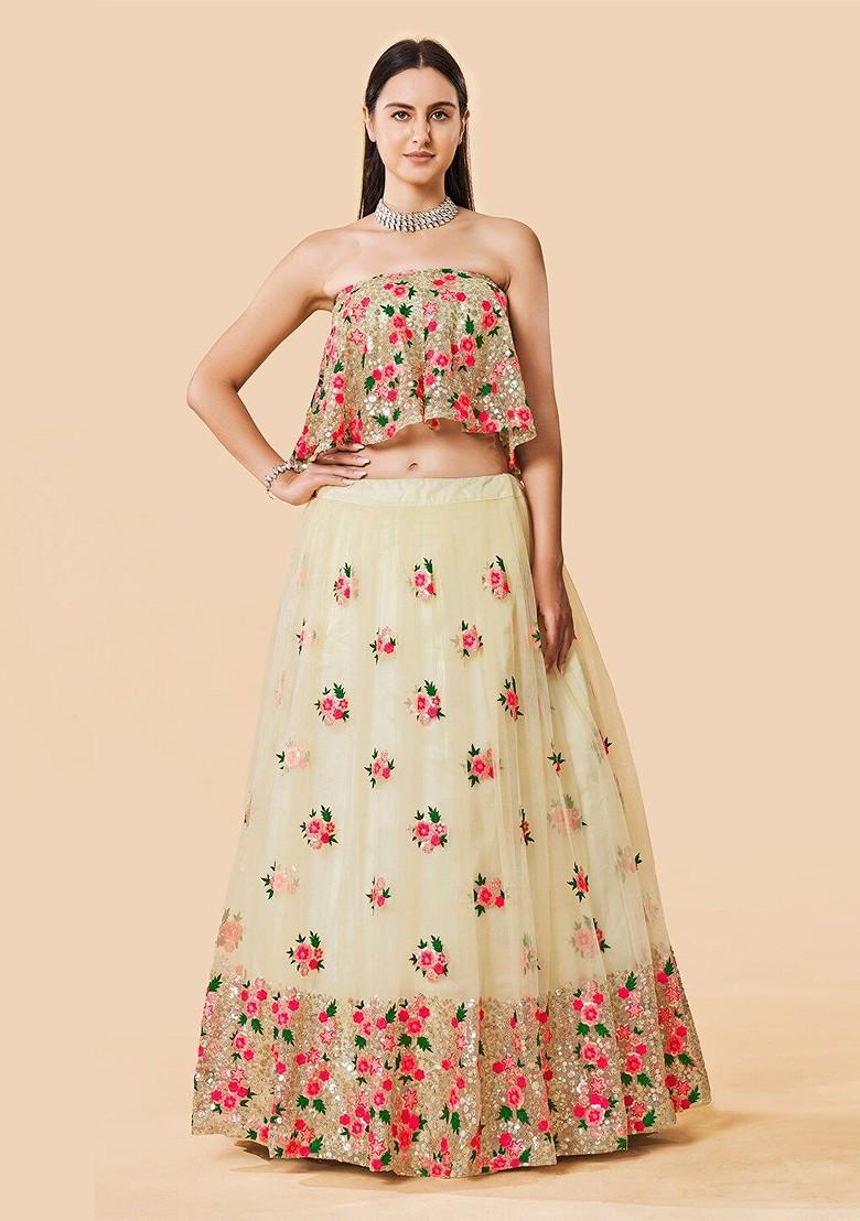 Off White Embroidered Poly Blend Lehenga Set