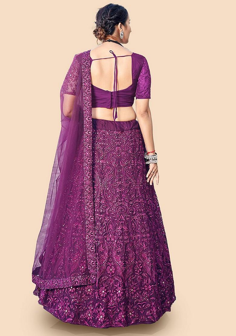 Purple Embroidered Poly Blend Lehenga Set
