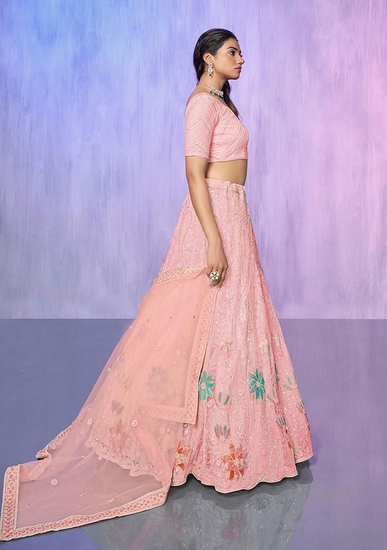 Peach Embroidered Poly Blend Lehenga Set
