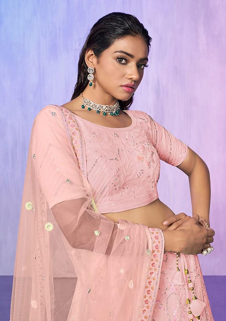 Peach Embroidered Poly Blend Lehenga Set