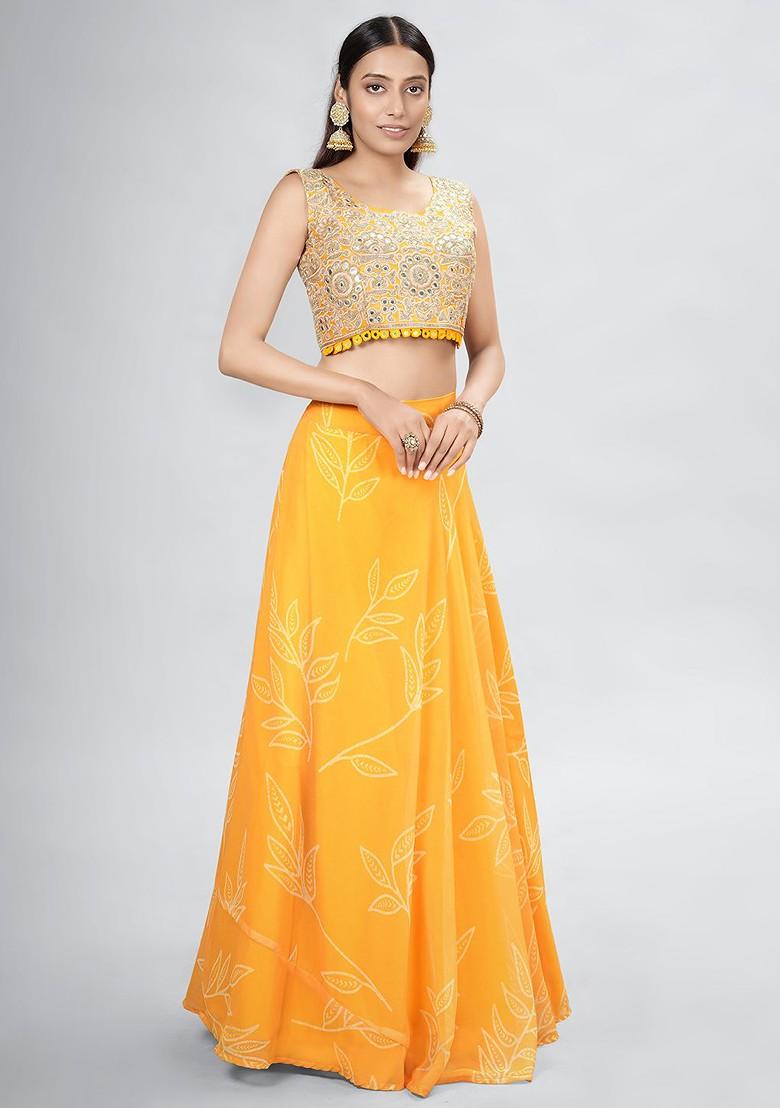 Mustard Yellow Embroidered Poly Blend Lehenga Set
