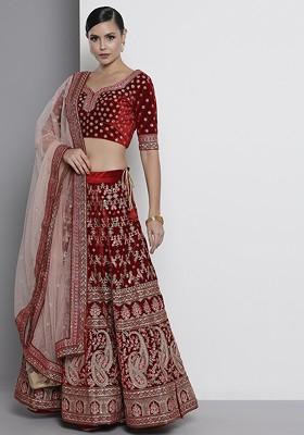 Maroon Embroidered Poly Blend Lehenga Set