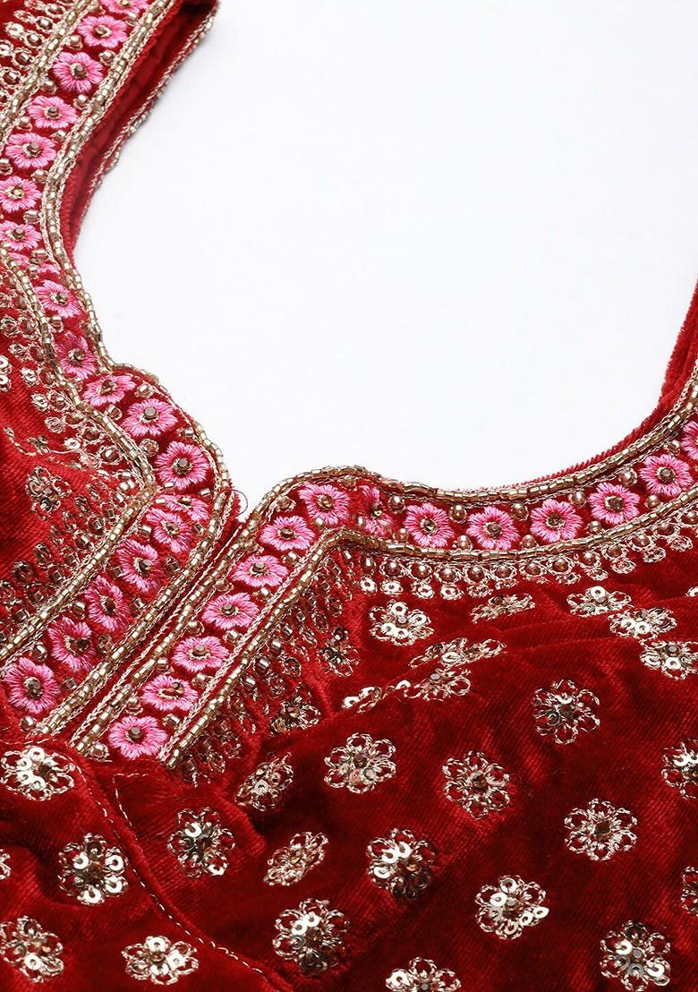 Maroon Embroidered Poly Blend Lehenga Set