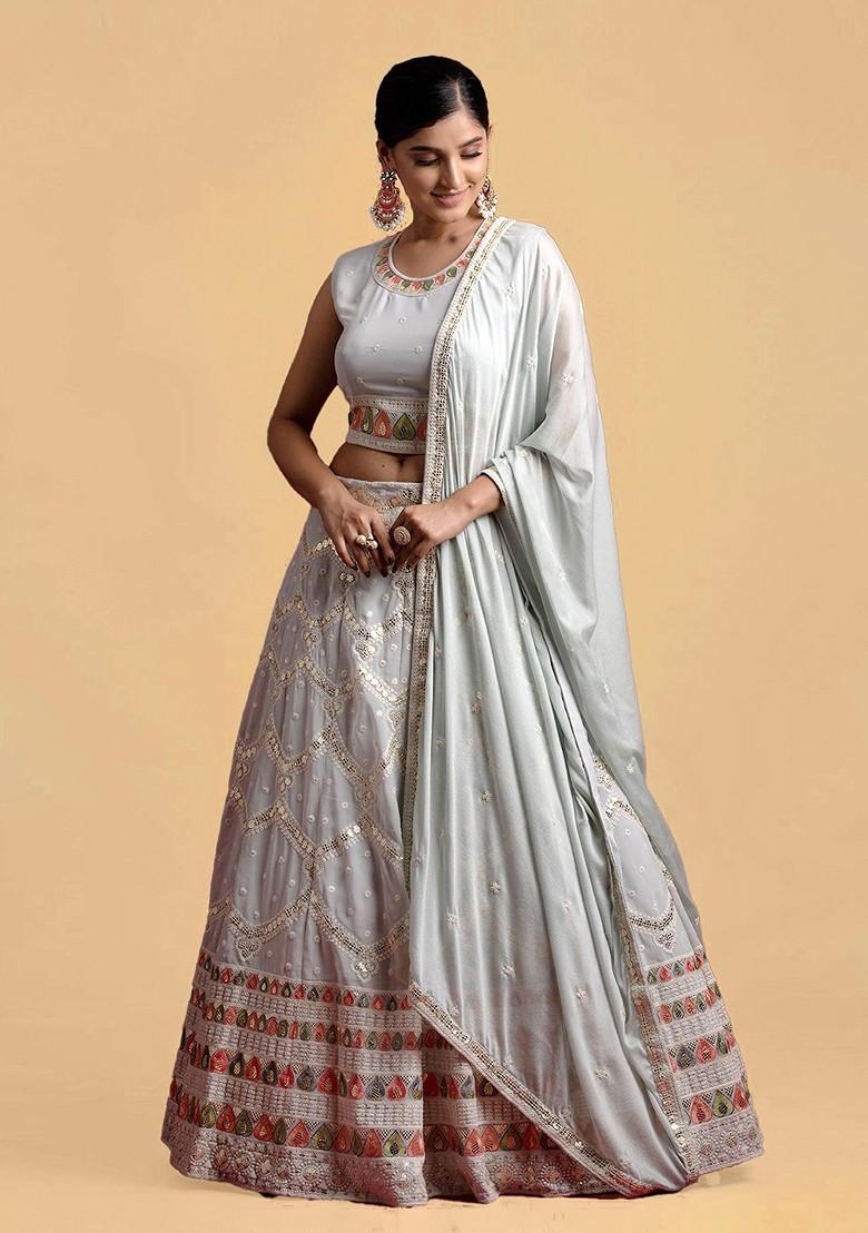Grey Embroidered Poly Blend Lehenga Set