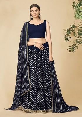 Navy Blue Embellished Poly Blend Lehenga Set