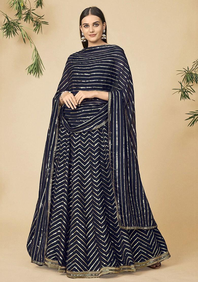 Navy Blue Embellished Poly Blend Lehenga Set