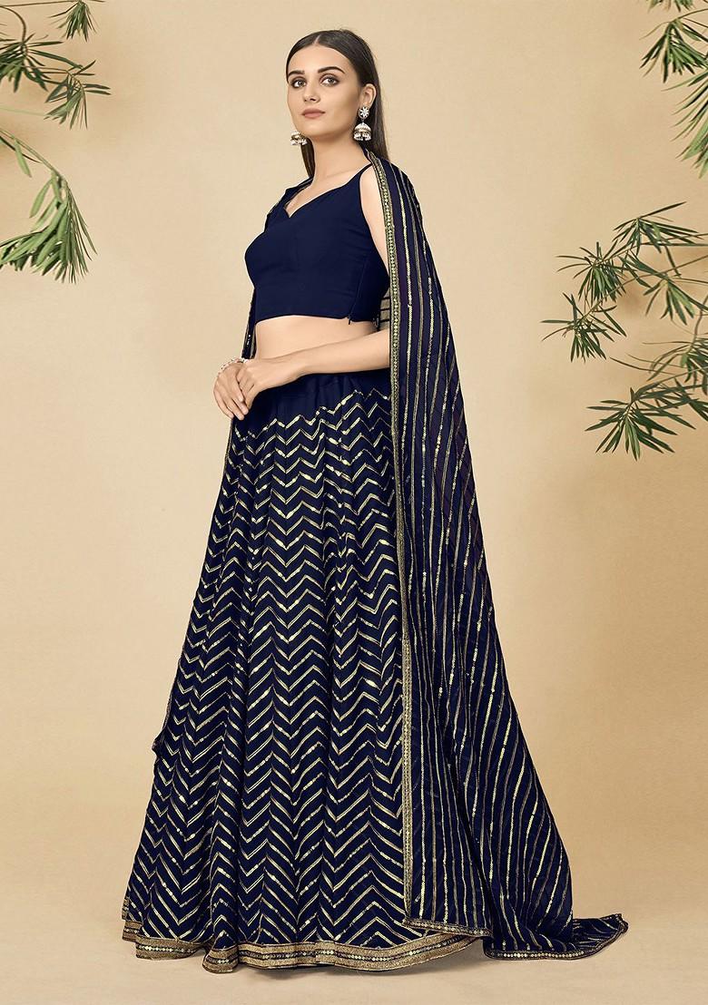 Navy Blue Embellished Poly Blend Lehenga Set