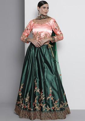Green Embroidered Poly Blend Lehenga Set