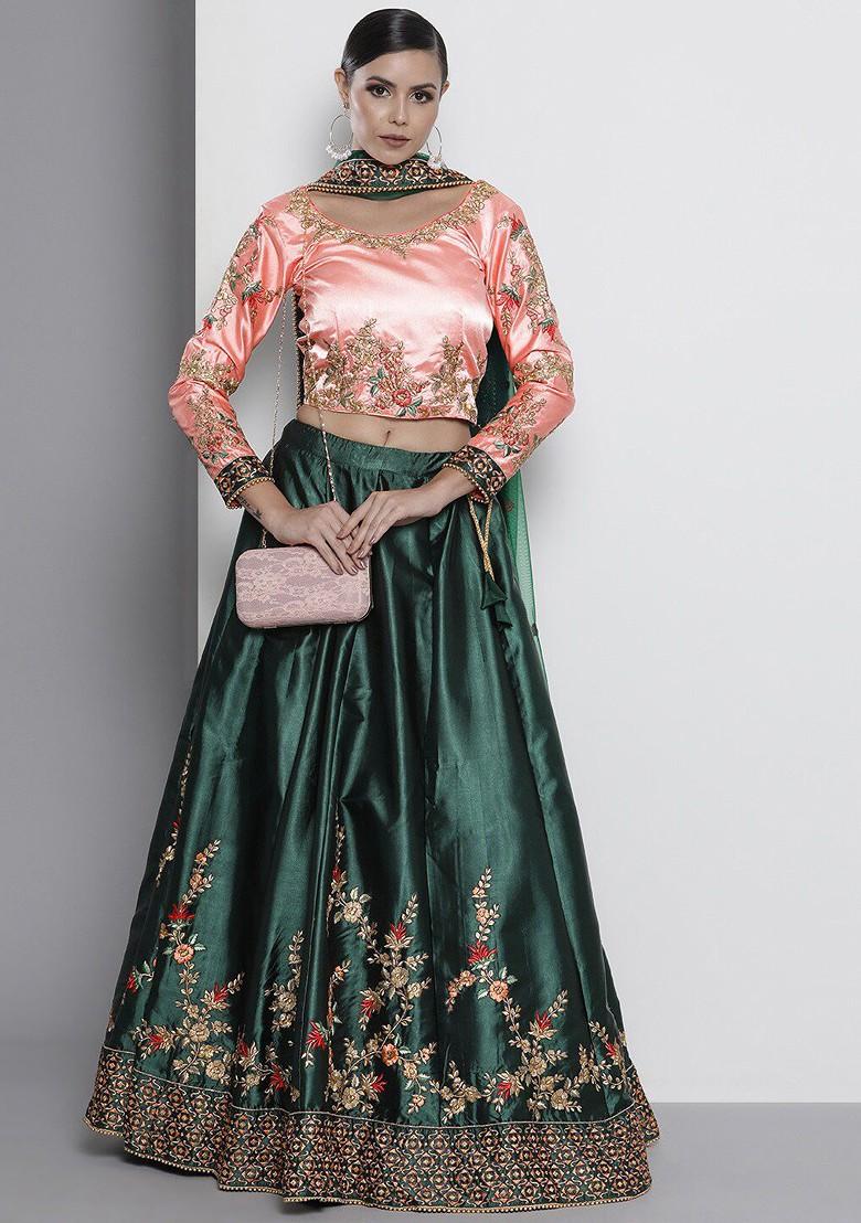 Green Embroidered Poly Blend Lehenga Set