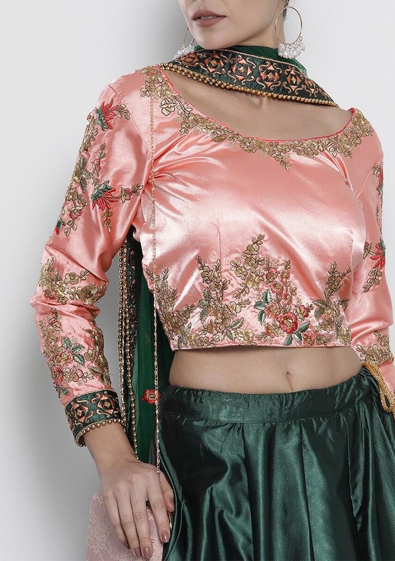 Green Embroidered Poly Blend Lehenga Set