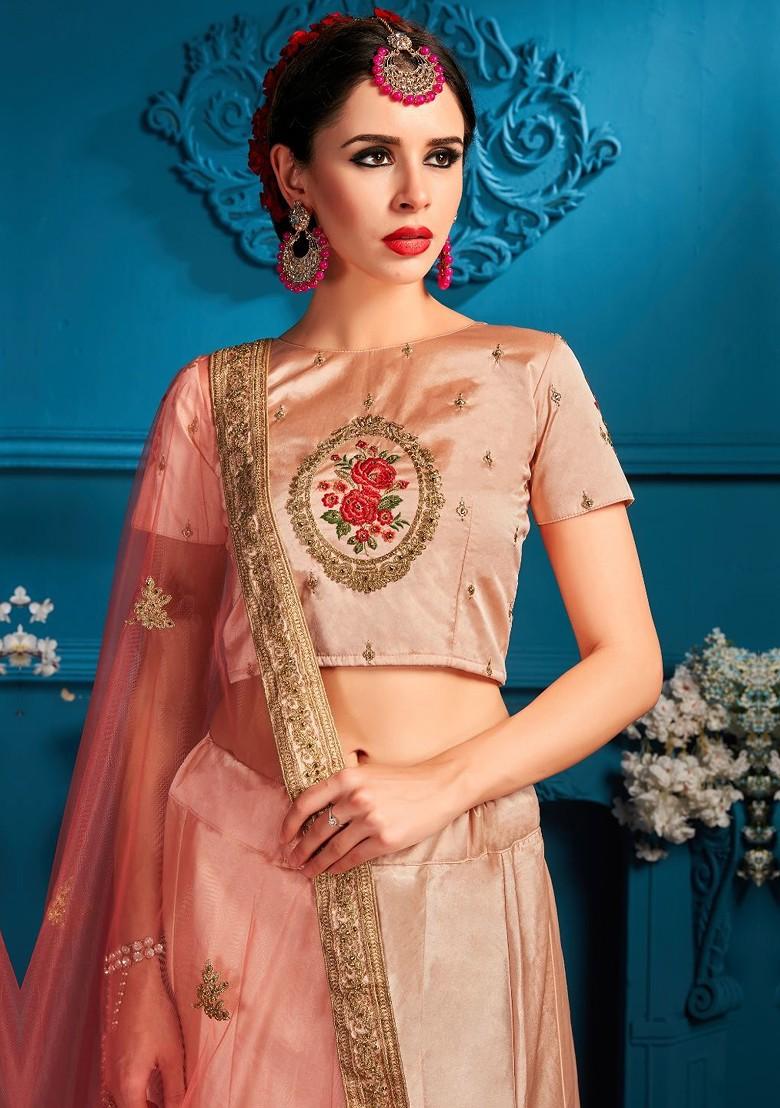 Peach Embroidered Poly Blend Lehenga Set