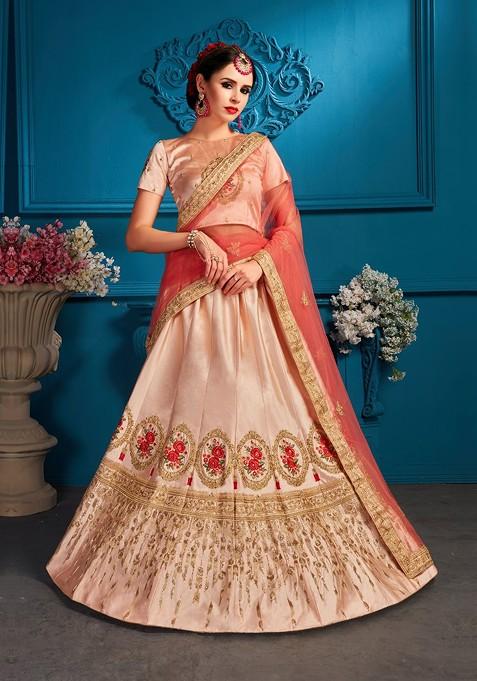 Peach Embroidered Poly Blend Lehenga Set
