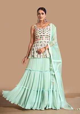 Green Embroidered Poly Blend Lehenga Set