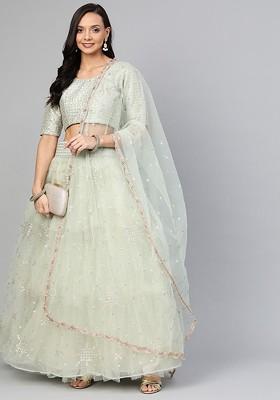 Green Embroidered Poly Blend Lehenga Set