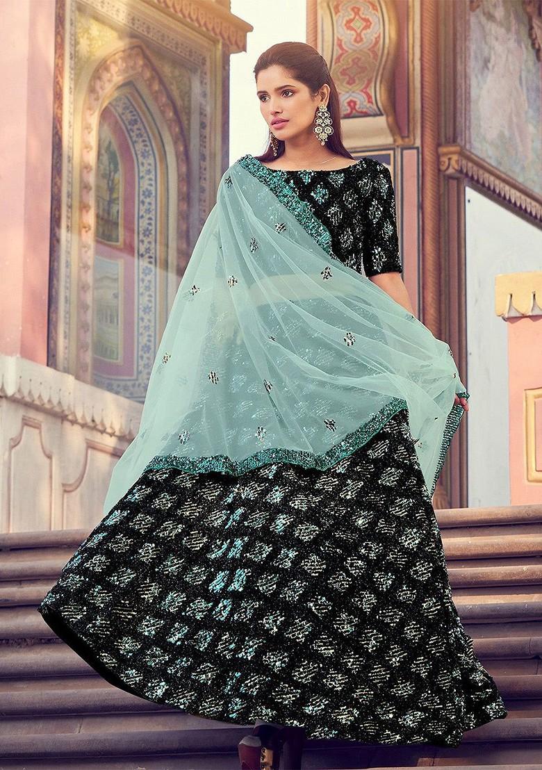 Black Embroidered Poly Blend Lehenga Set
