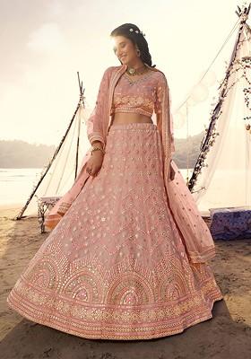 Peach Embroidered Poly Blend Lehenga Set