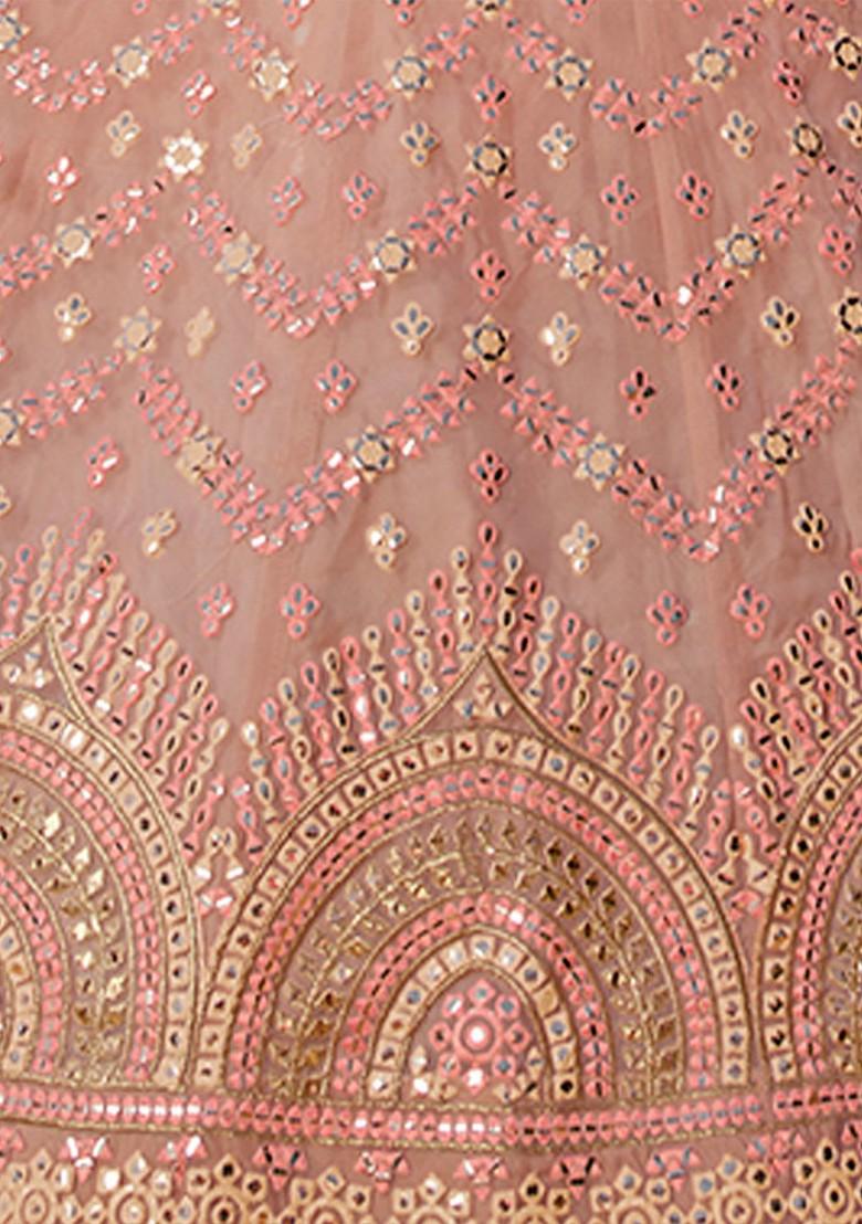 Peach Embroidered Poly Blend Lehenga Set