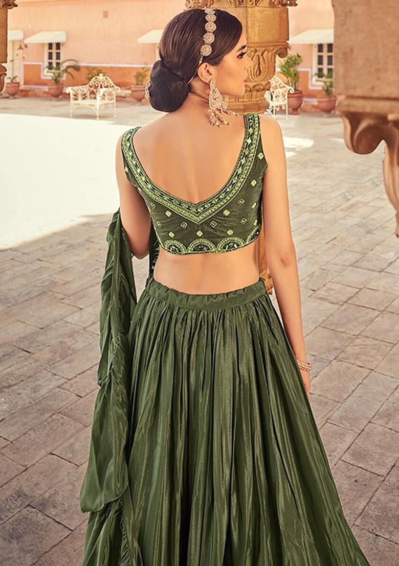 Green Embroidered Poly Blend Lehenga Set