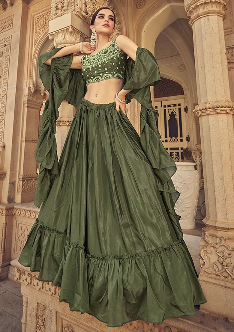 Green Embroidered Poly Blend Lehenga Set