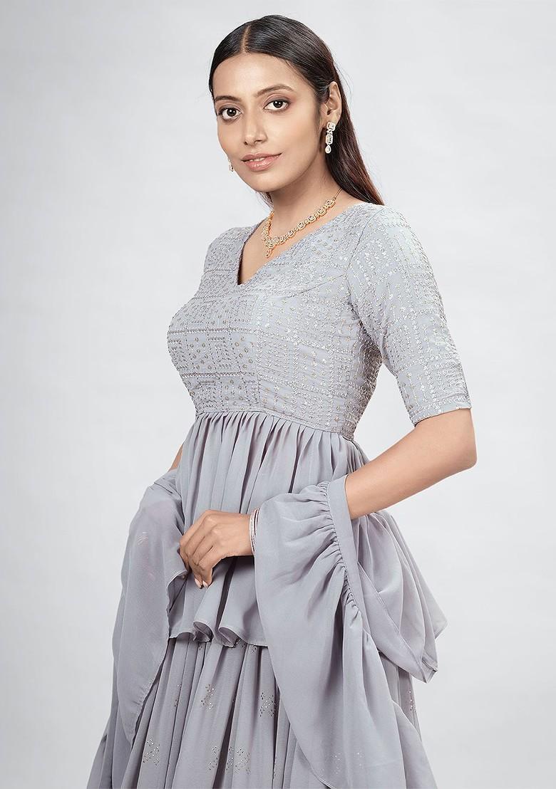 Grey Embroidered Poly Blend Lehenga Set