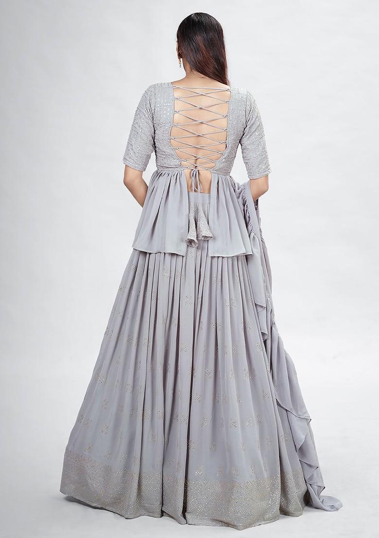 Grey Embroidered Poly Blend Lehenga Set