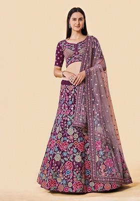 Burgundy Embroidered Poly Blend Lehenga Set