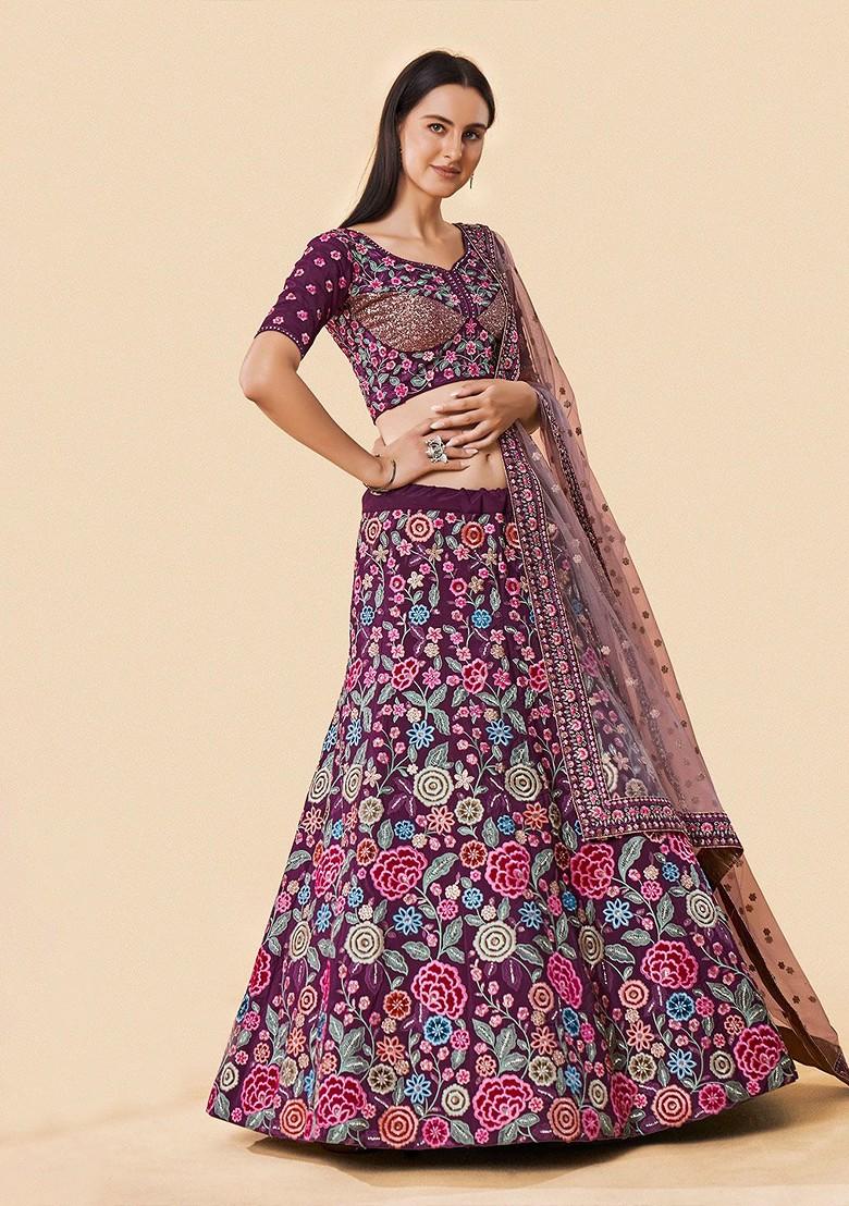Burgundy Embroidered Poly Blend Lehenga Set