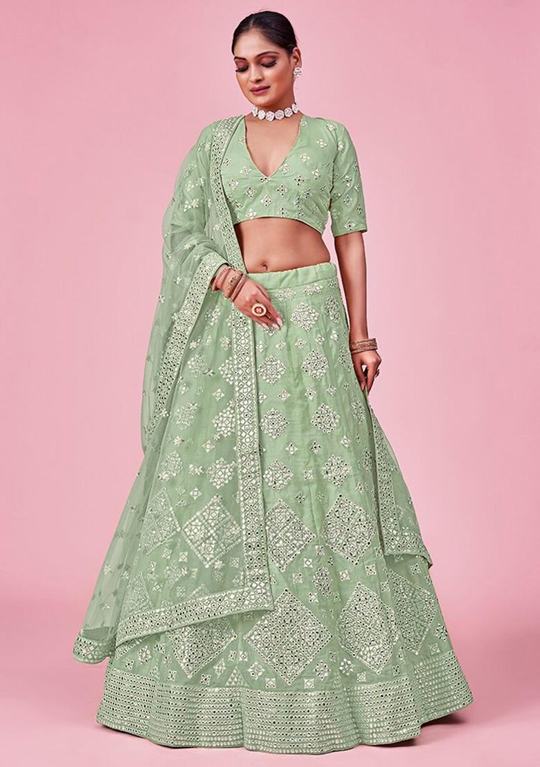 Green Embroidered Poly Blend Lehenga Set