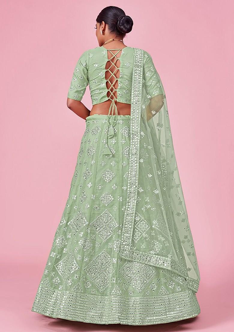 Green Embroidered Poly Blend Lehenga Set