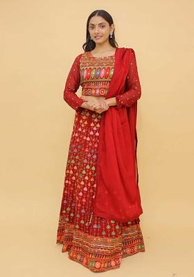 Red Embroidered Poly Blend Lehenga Set