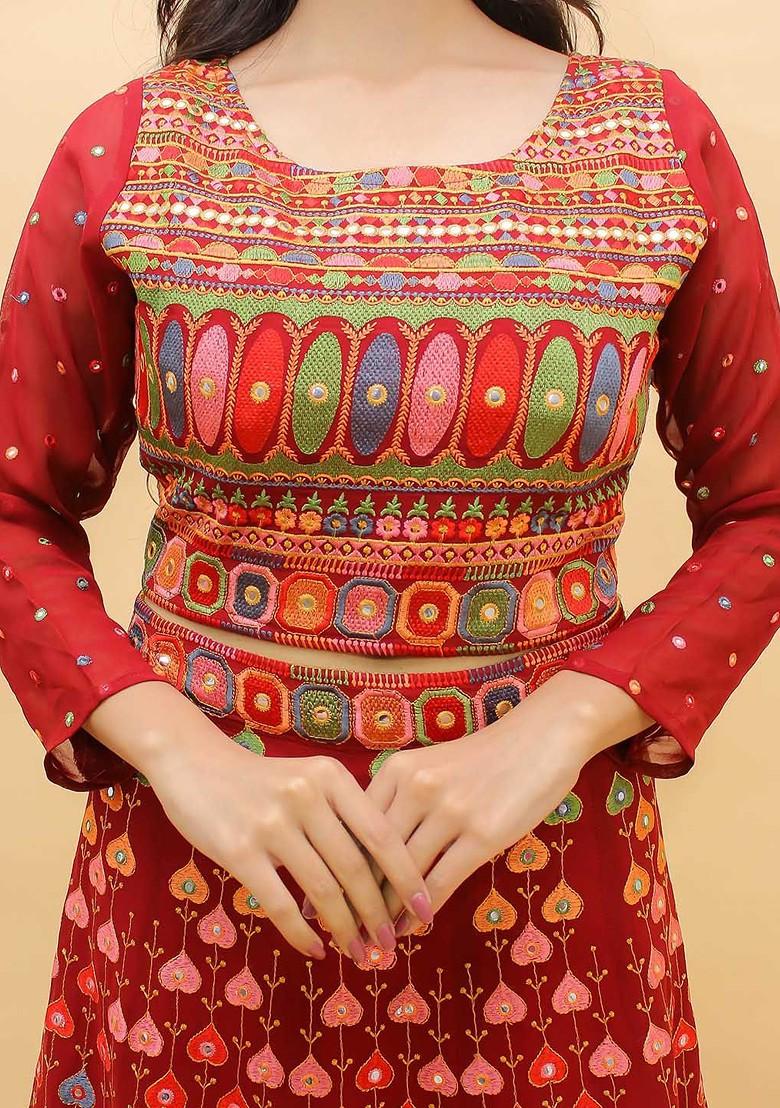 Red Embroidered Poly Blend Lehenga Set
