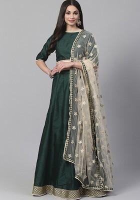 Green Embellished Poly Blend Lehenga Set