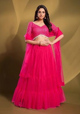 Pink Embroidered Poly Blend Lehenga Set